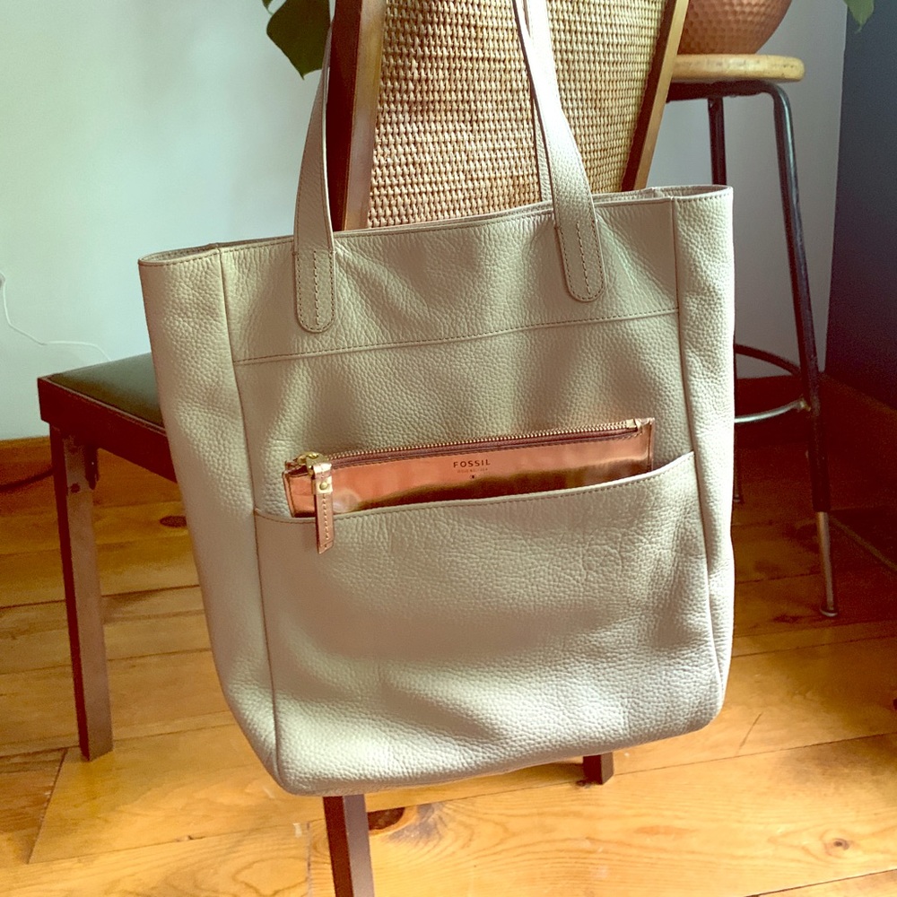 Leather Fossil Tote w/ removable metallic coin bag